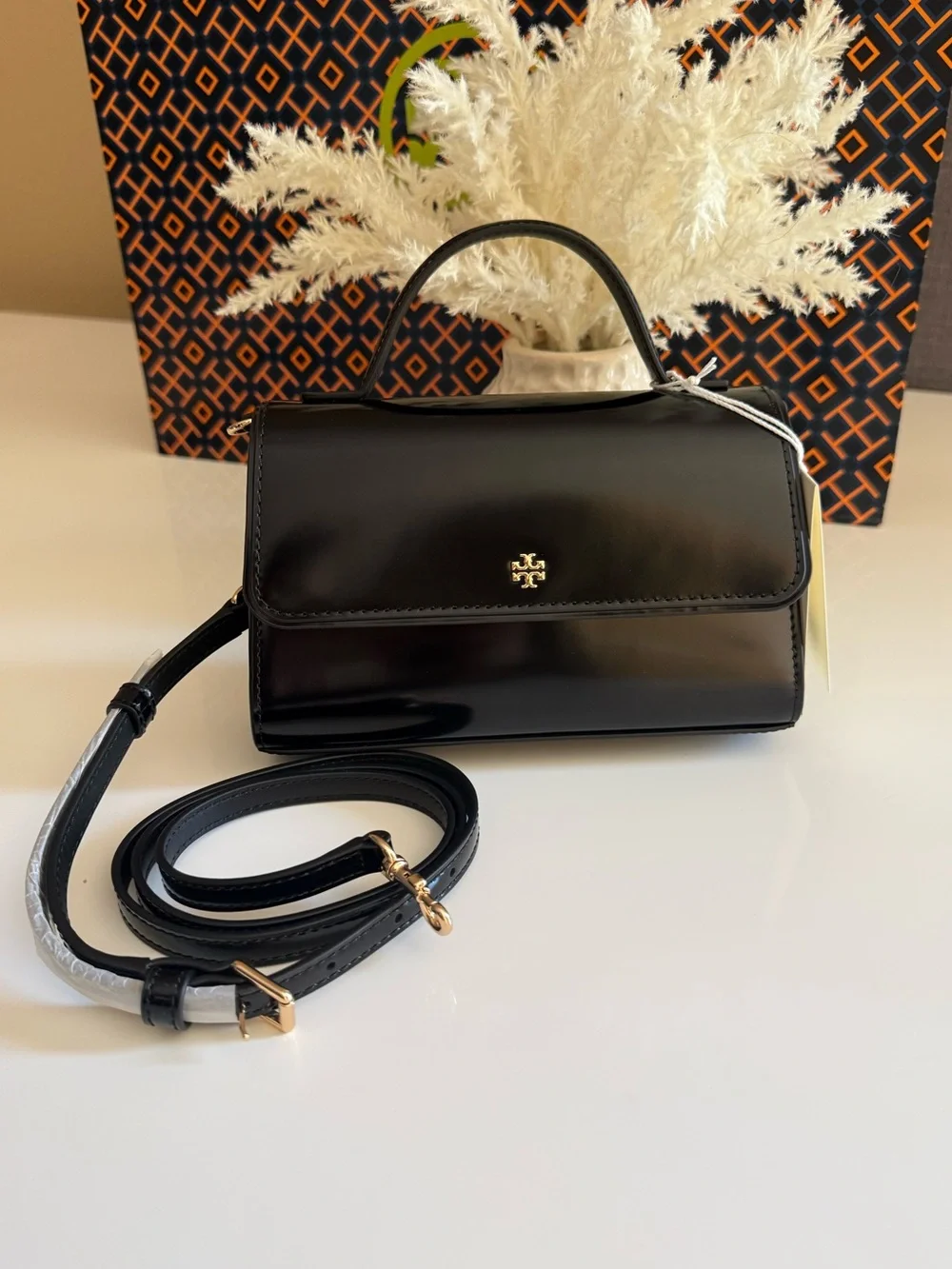 Authentic Tory Burch Emerson Smooth Leather Top Handle Satchel Crossbody Black
